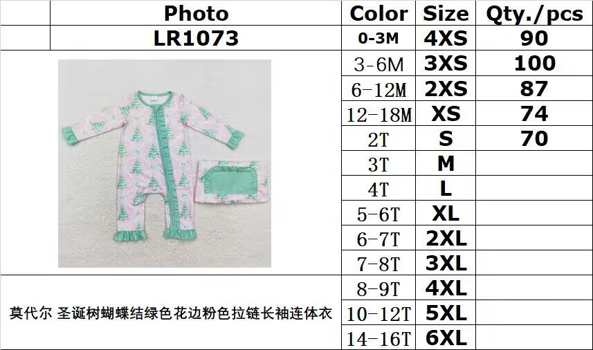 bamboo rts no moq LR1073 Modal Christmas tree bow green lace pink zipper long sleeve onesie