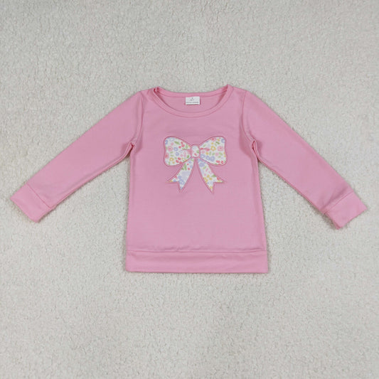RTS NO MOQ（In Stock) GT1537 Embroidered Floral Print Pink Long-Sleeved Top with Bow Pattern