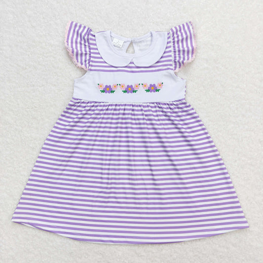 GSD0836 Floral purple and white striped doll collar flying sleeve dress
