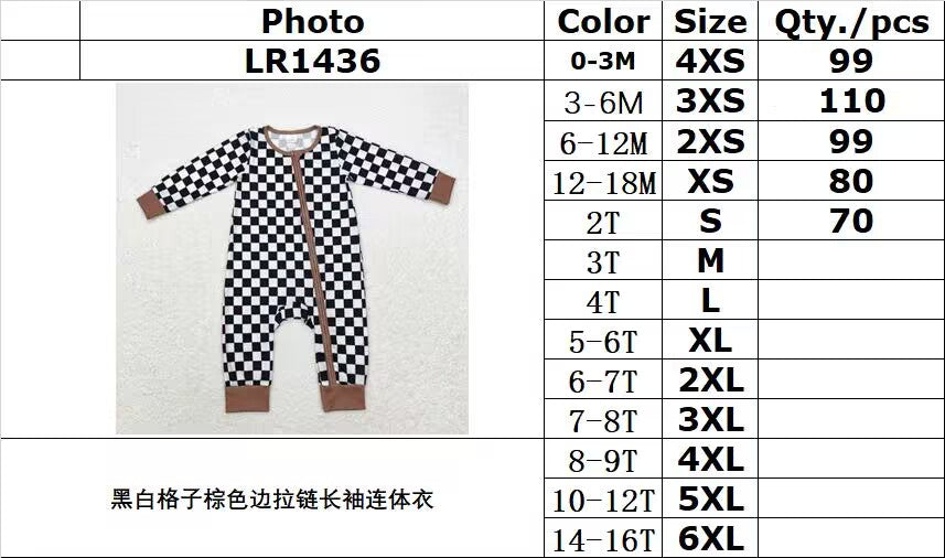 bamboo rts no moq LR1436 Modal black and white plaid brown edge zipper long-sleeved jumpsuit