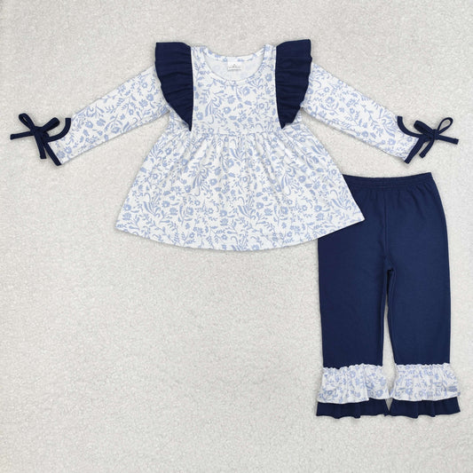 RTS NO MOQ ETA 5/7days Arrived GLP1828 Flower leaves navy blue lace white long sleeve trousers set