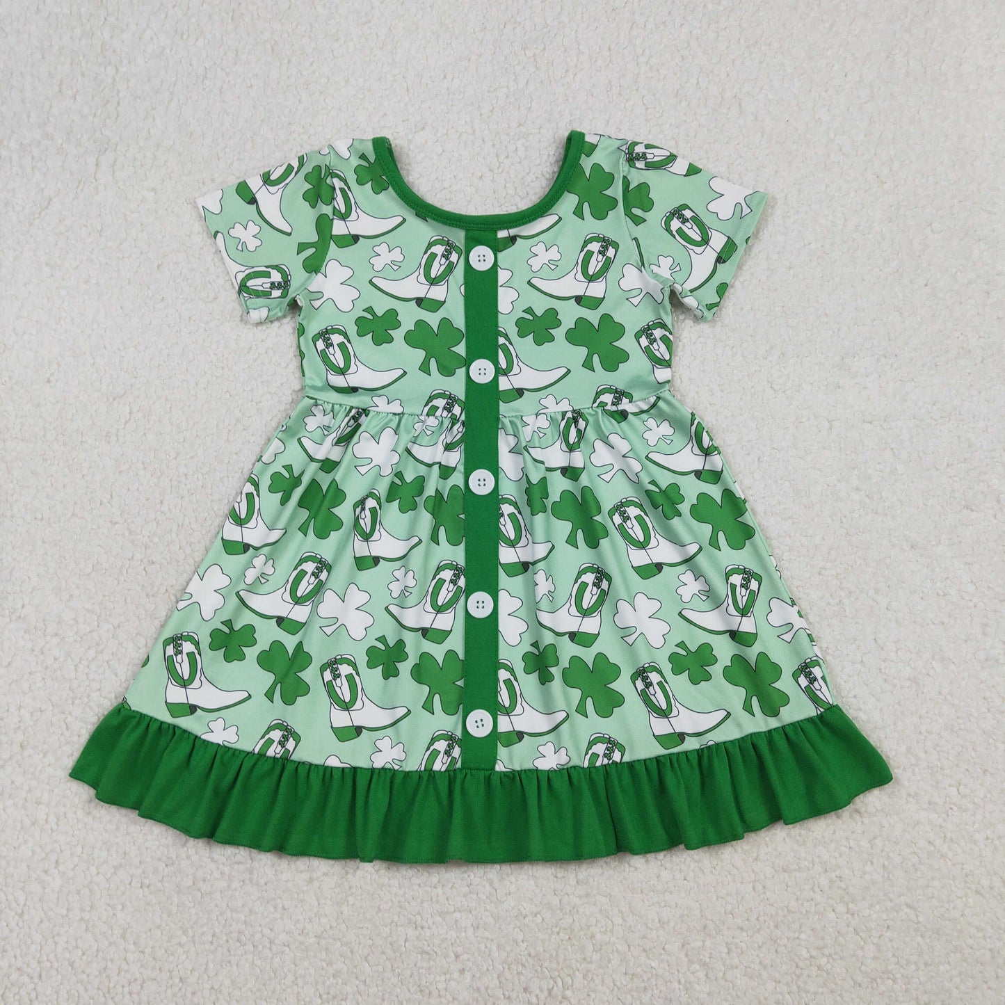 RTS NO MOQ（In Stock ) GSD3404 Boots Four-Leaf Clover Green Lace Button Short-Sleeve Dress