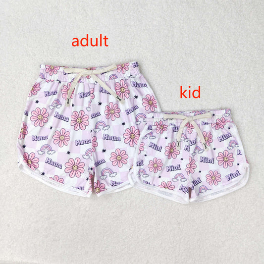 RTS NO MOQ Baby kid and adults smiley face floral light purple sports yoga shorts