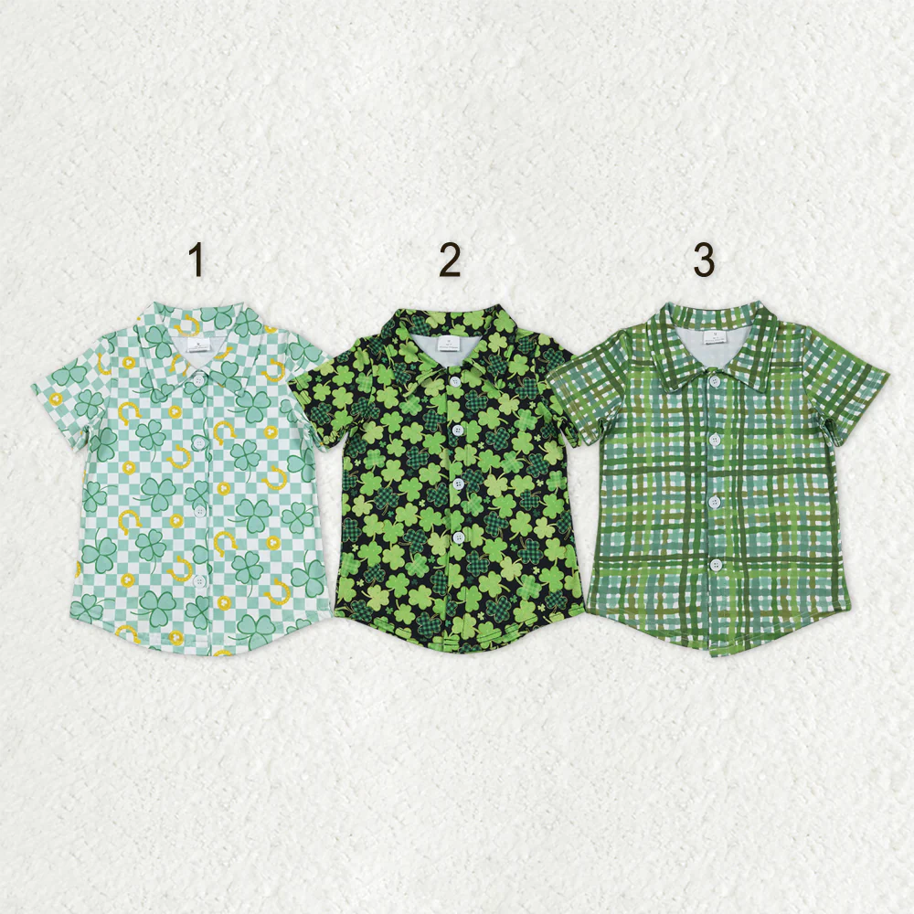 RTS NO MOQ Sibling baby boy clothes St. Patrick's Four Leaf Clover Short Sleeve Tops