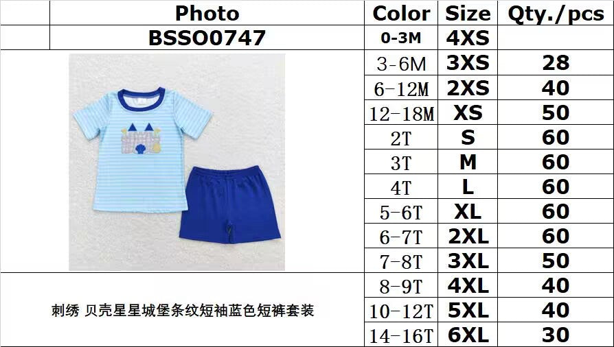 BSSO0747 Embroidered shell star castle striped short-sleeved blue shorts suit