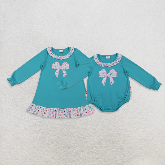 RTS NO MOQ Sibling baby girl clothes embroidery bow long sleeve romper & dress