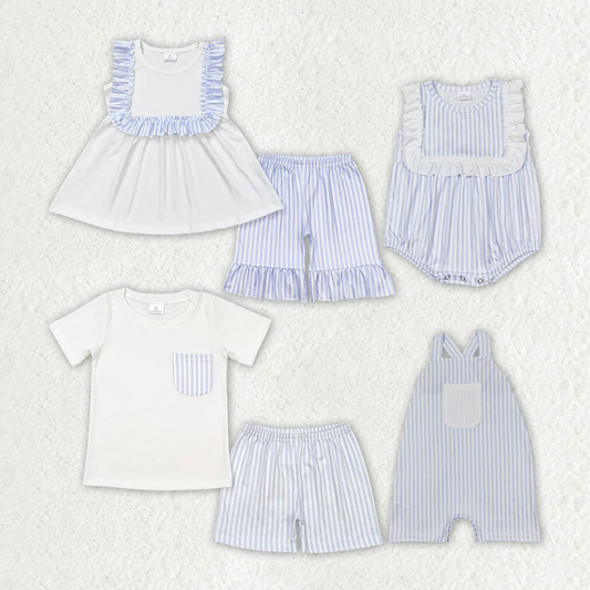 RTS Baby Girls Boys Toddler White Stripes Sibling Rompers Clothes Sets