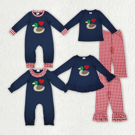 RTS NO MOQ Sibling baby boy girl clothes valentine embroidery love Long Sleeve Pants Sets and rompers