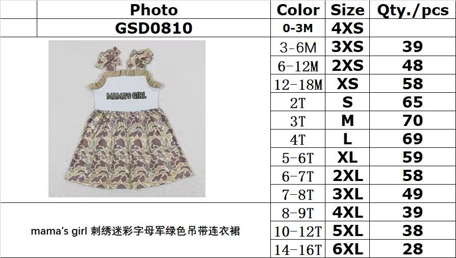 GSD0810 mama's girl embroidered camouflage lettering army green suspender dress