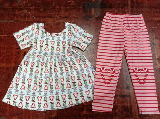 Custom moq 3 eta 6-7weeks Christmas Cane Love Heart Little Girl White Short Sleeve Top-Red Striped Pants Set