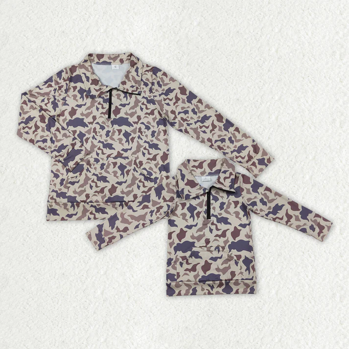 RTS NO MOQ Adults women and Baby Girls Khaki Camouflage Zipper Stand Collar Pullover Long Sleeve Top