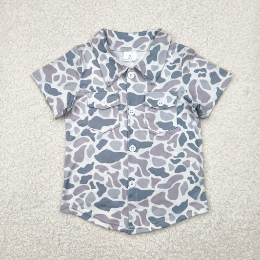RTS NO MOQ BT1202 Gray camouflage pocket button short sleeve top