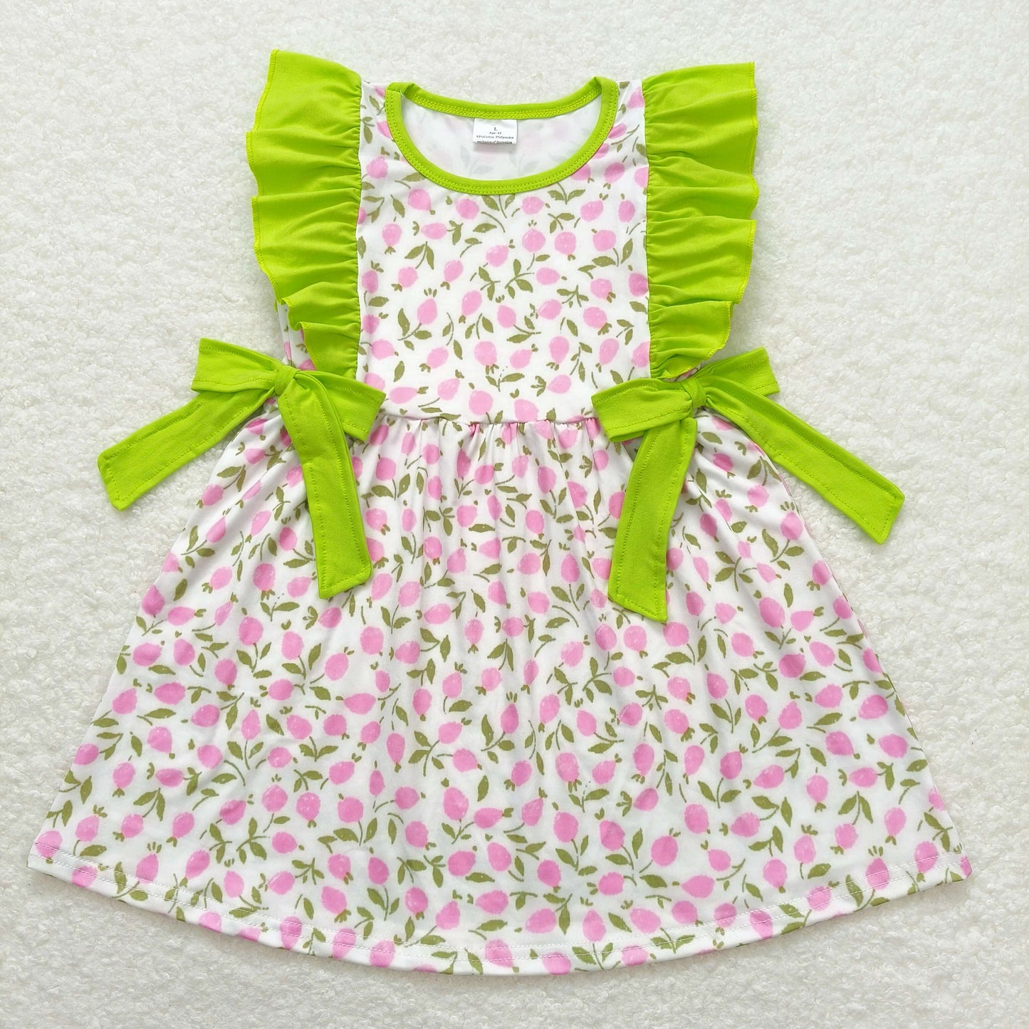 GSD1036 Pink flower green lace bow sleeveless dress