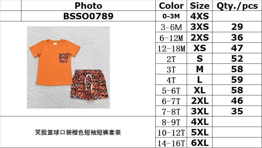 BSSO0789 Smiley Basketball Pocket Orange Short Sleeve Shorts Set