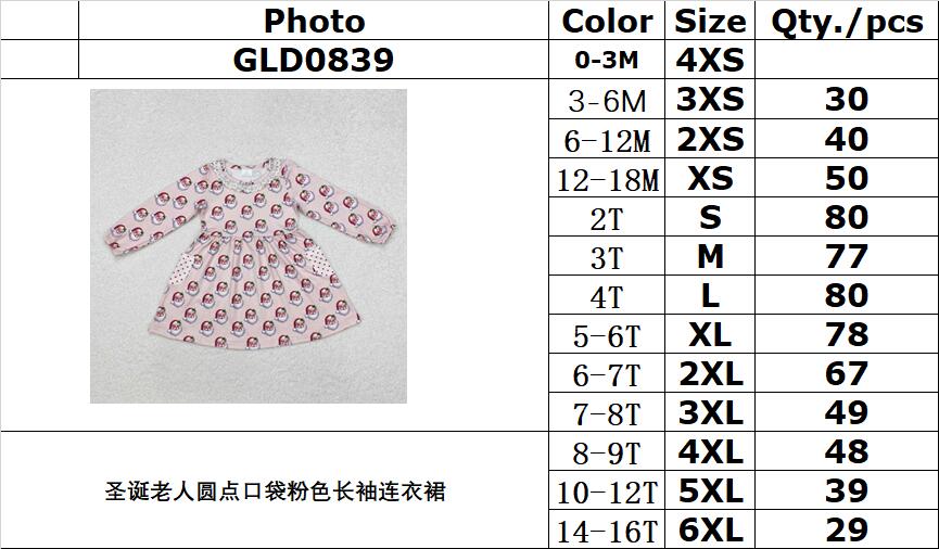 RTS NO MOQ ETA 5/7days arrived GLD0839 Santa Claus Polka Dot Pocket Pink Long Sleeve Dress