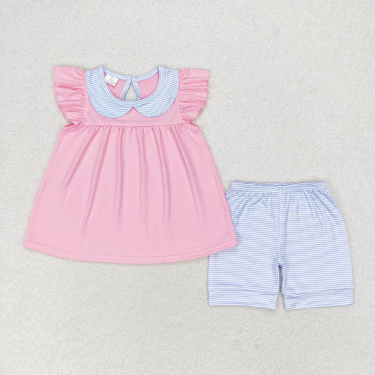 rts no moq GSSO1064 Blue striped doll collar pink flying sleeve shorts set