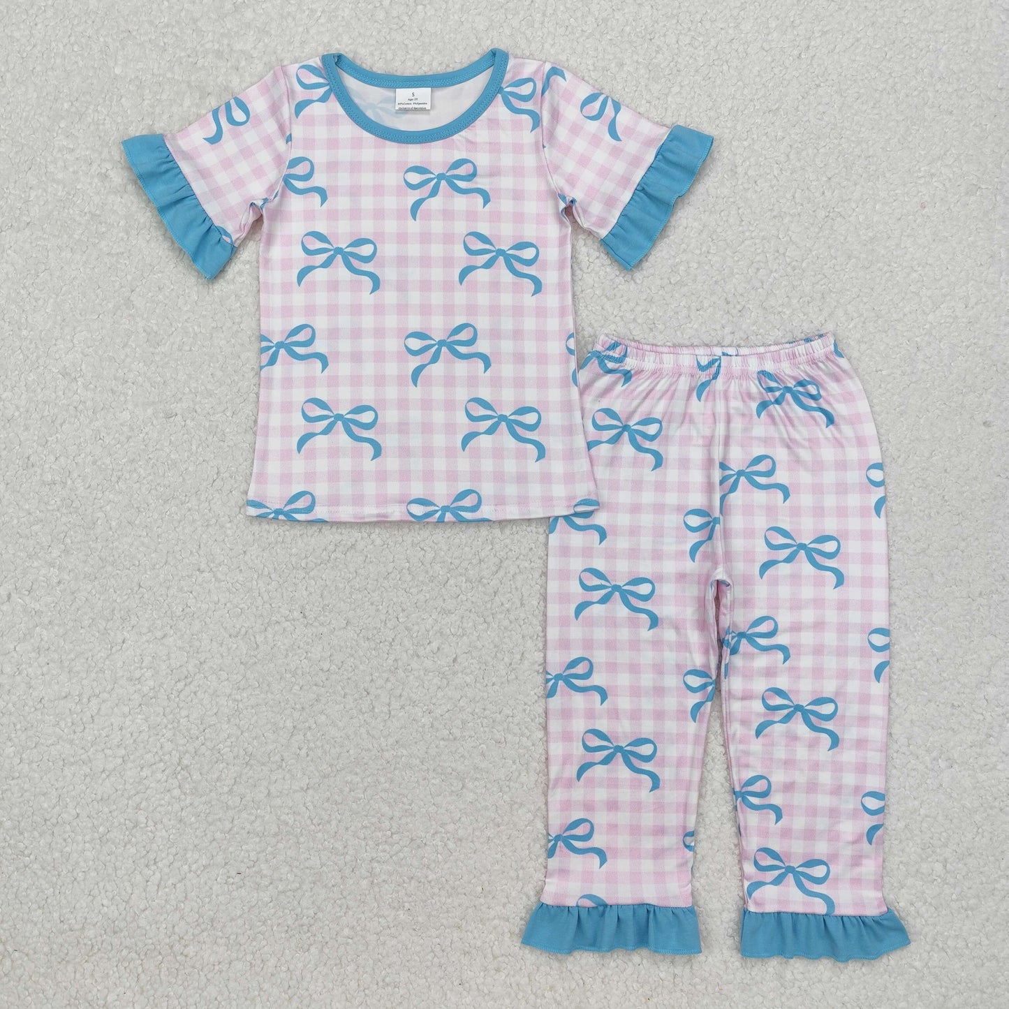 RTS NO MOQ ETA 5/7days Arrived GSPO1736 Bow pattern blue lace pink plaid short-sleeved trousers pajama set