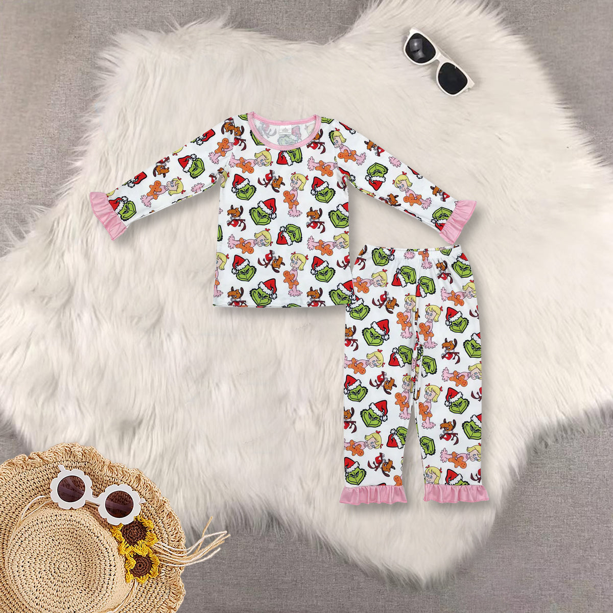 RTS NO MOQ baby girl clothes bamboo Christmas long sleeve Clothes Sets
