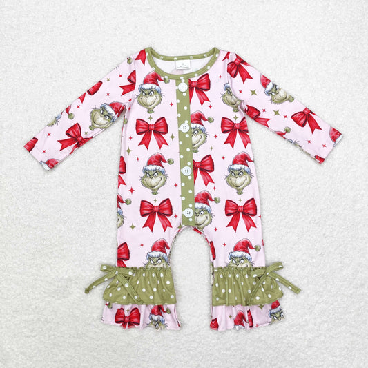 rts no moq LR1557 grinch bow pattern original green lace pink long-sleeved jumpsuit