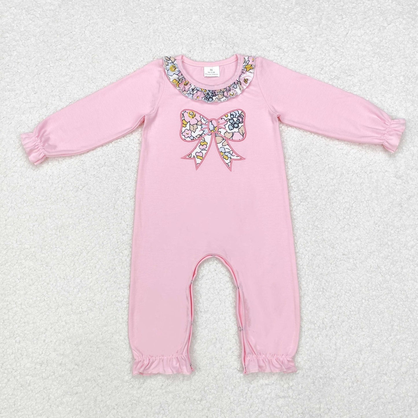 RTS NO MOQ ETA 5/7days arrived LR1812 Embroidered flower bow pattern pink long-sleeved jumpsuit