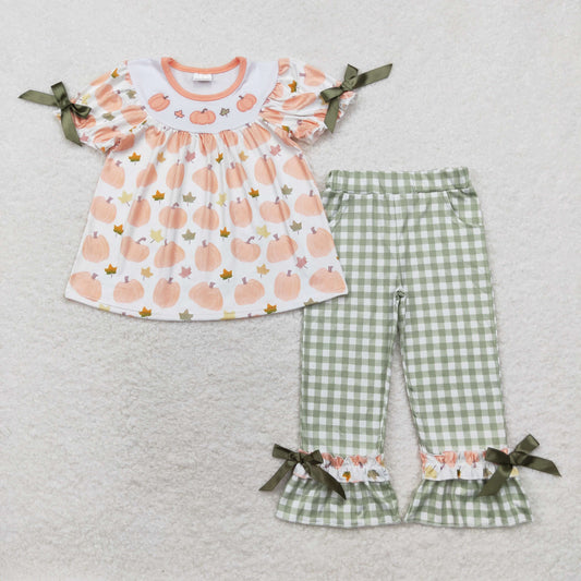 RTS NO MOQ GSPO1640 Embroidered pumpkin leaves short-sleeved green plaid trousers suit