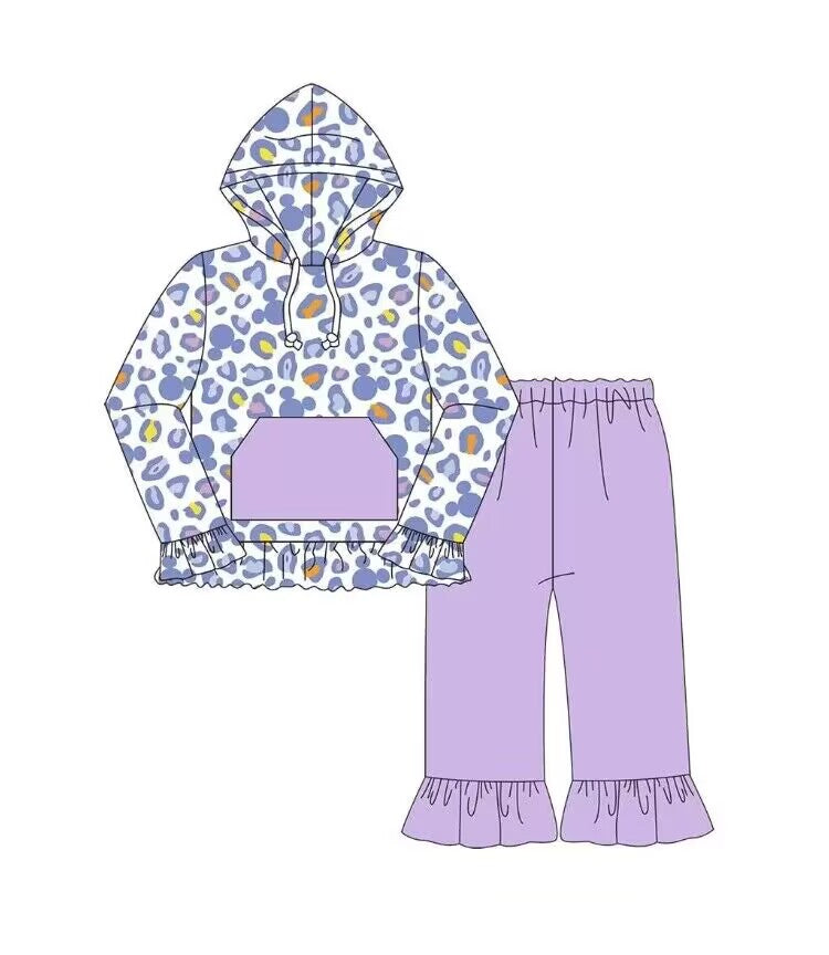 custom moq 5 eta 5-6weeks Girls hooded purple Leopard Long Sleeve Pants Set