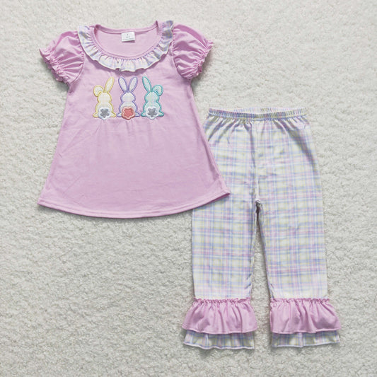 GSPO0977 Embroidery Three Color Rabbits Lace Purple Short Sleeve Color Plaid Pants Suit