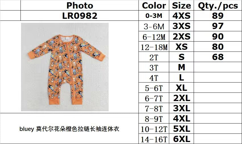 bamboo rts no moq LR0982 bluey modal flower orange zipper long sleeve jumpsuit