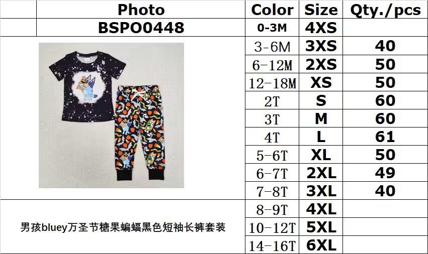 RTS NO MOQ BSPO0448 Boys bluey Halloween candy bat black short sleeve trousers set