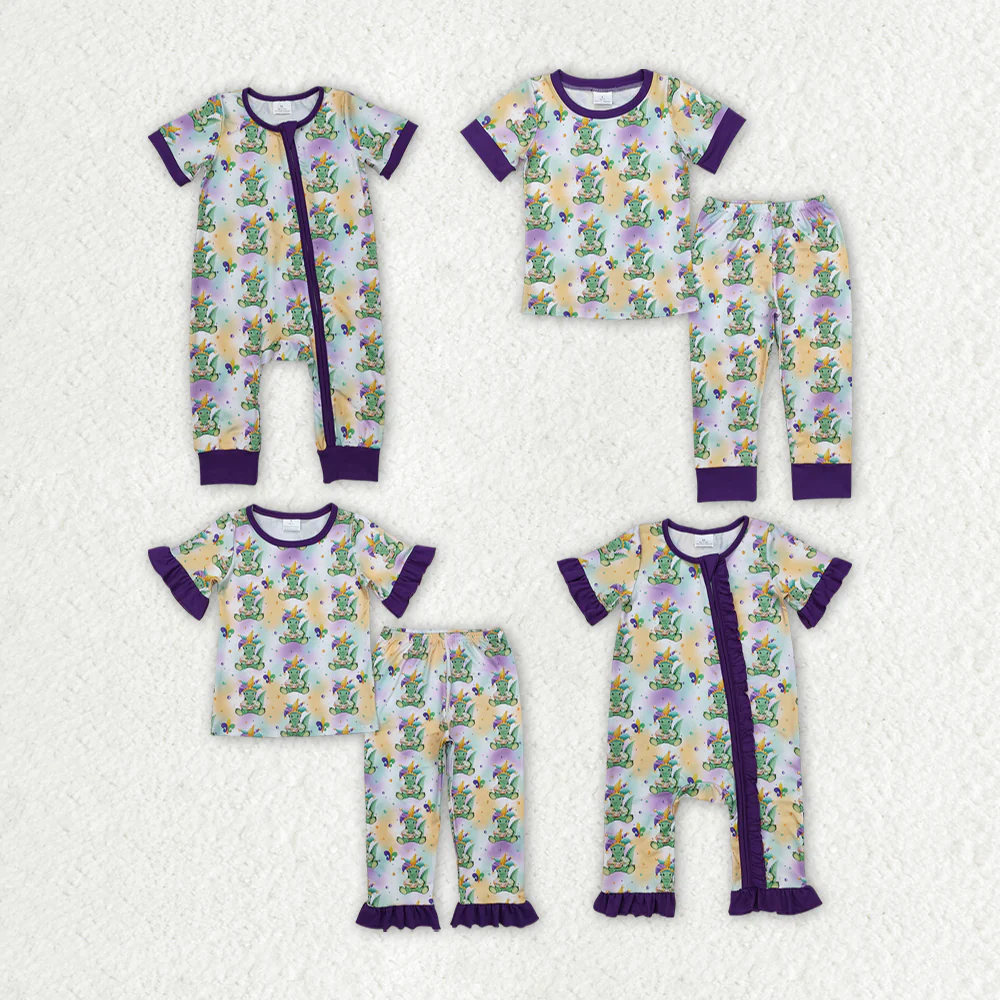 RTS NO MOQ Girls mardi gras Short Sleeve shirt pants clothing set and romper