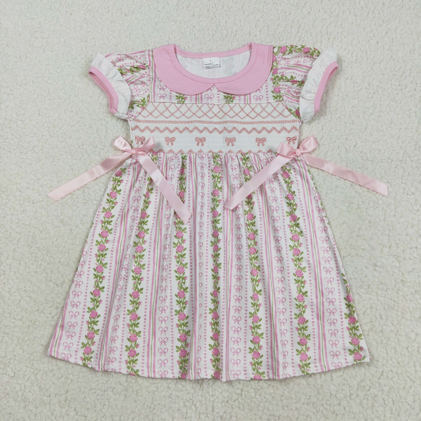 RTS NO MOQ（In Stock）GSD2717 Embroidered pink baby doll collar short-sleeved dress with a bow pattern and floral pattern
