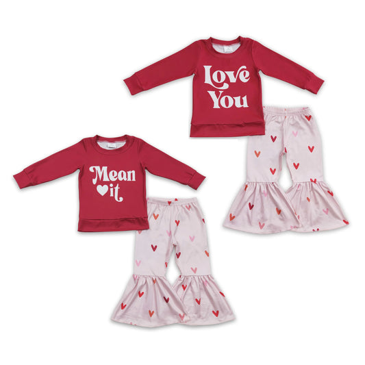 RTS NO MOQ  Baby Girls Valentine Love red Top Pants Clothes Sets