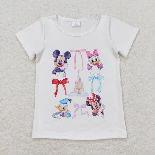 GT0570 Mickey Minnie Donald Duck Castle Bow White Short Sleeve Top