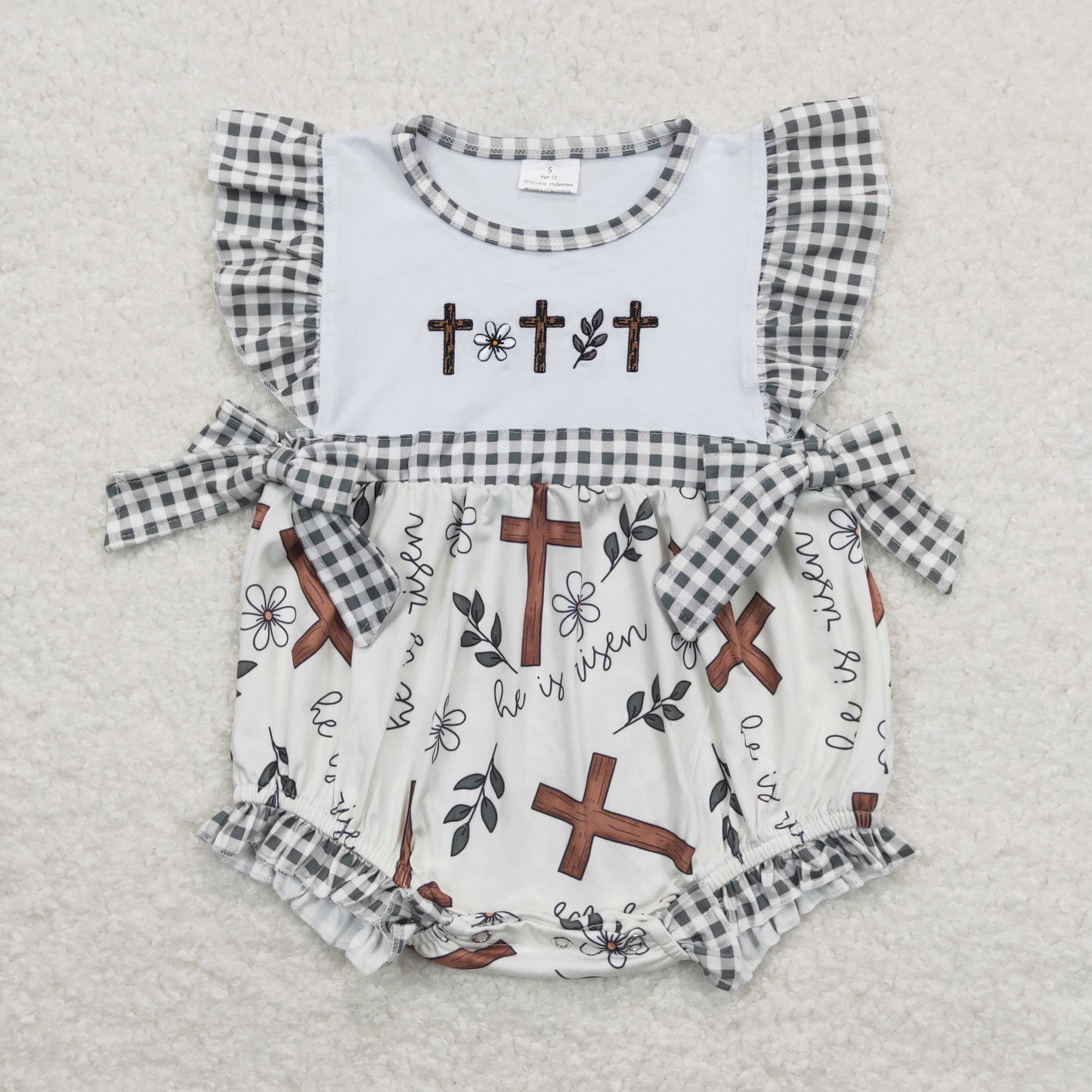 SR0813 he is risen embroidered cross floral plaid bow beige vest jumpsuit