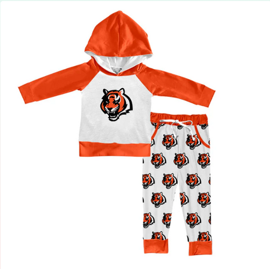 Deadline September  14  custom no moq eta 6-8weeks Long hooded pullover with orange and white ferocious tiger head top and pants set