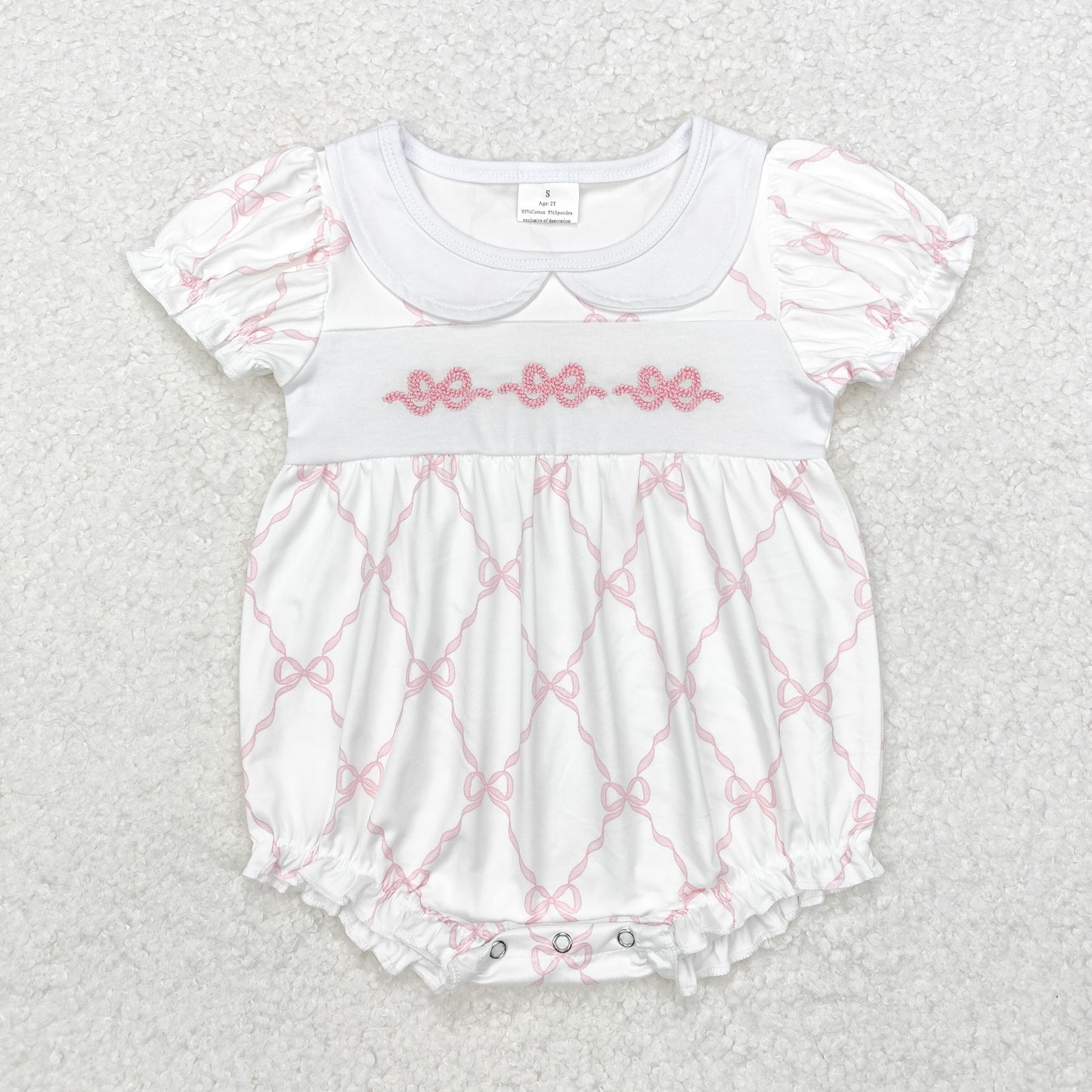 RTS NO MOQ ETA 5/7days arrived SR1967 Embroidered pink bow pattern short sleeve jumpsuit with doll collar