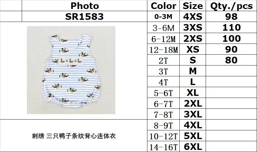 RTS no moq SR1583 Embroidered three ducks striped vest jumpsuit