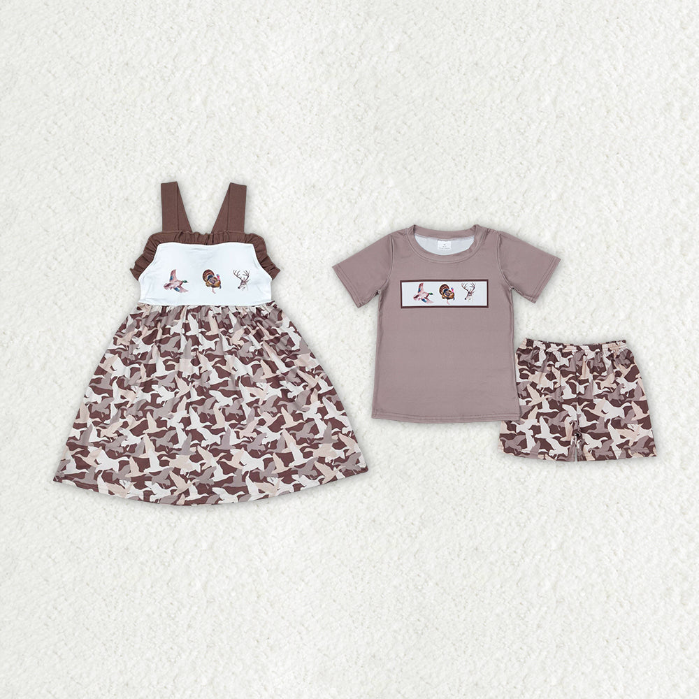 RTS NO MOQ GSD1272 BSSO0953 Brown Duck Print Suspender Dress & Short Sleeve Shorts Set