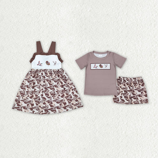 RTS NO MOQ GSD1272 BSSO0953 Beige Flying Duck Pattern Brown Suspender Dress & Short Sleeve Shorts Set