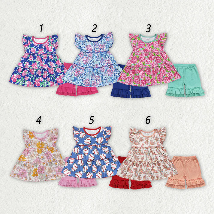 RTS NO MOQ Baby Girls Colorful Floral Pattern Fly Sleeve Top Lace-up Shorts Set