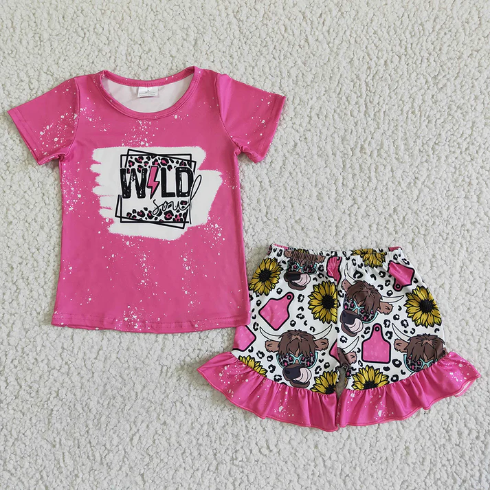 RTS NO MOQ baby girls western cow head short sleeve shorts Sets