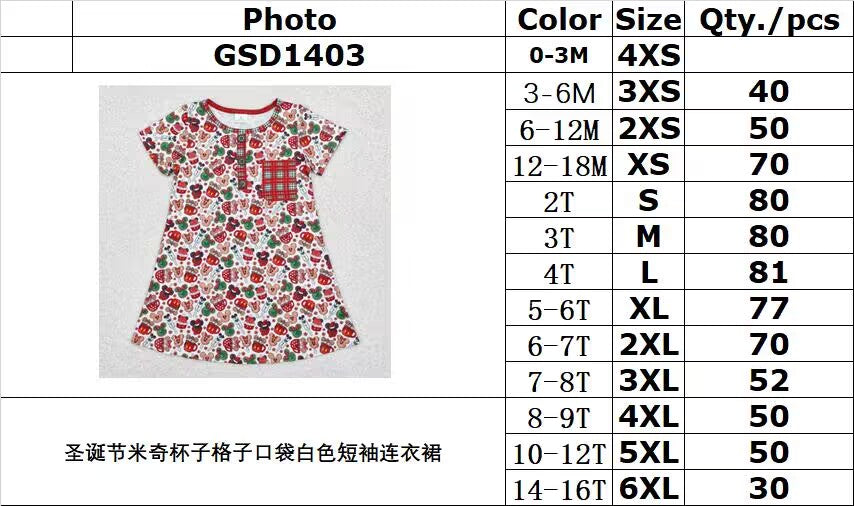 rts no moq GSD1403 Christmas Mickey cup plaid pocket white short sleeve dress