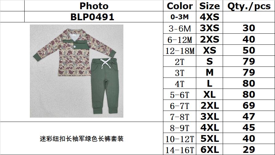 RTS NO MOQ ETA 5/7days Arrived BLP0491 Camouflage Button Long Sleeve Army Green Trousers Set