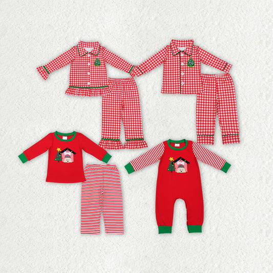 RTS NO MOQ Embroidered Christmas tree pattern red plaid long-sleeved suit & romper