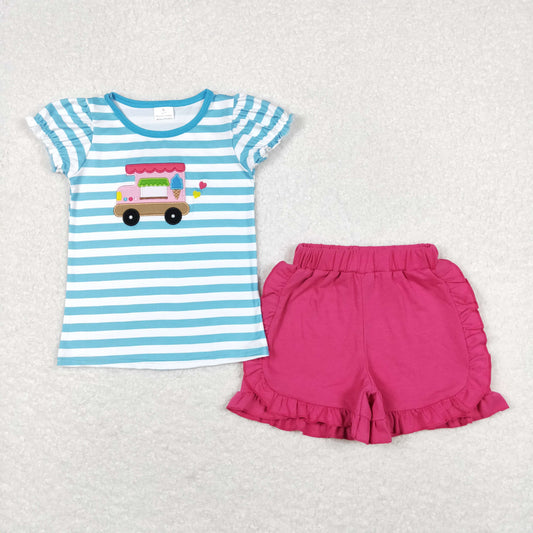 GSSO0580 Embroidered ice cream truck blue striped short-sleeved rose pink shorts suit