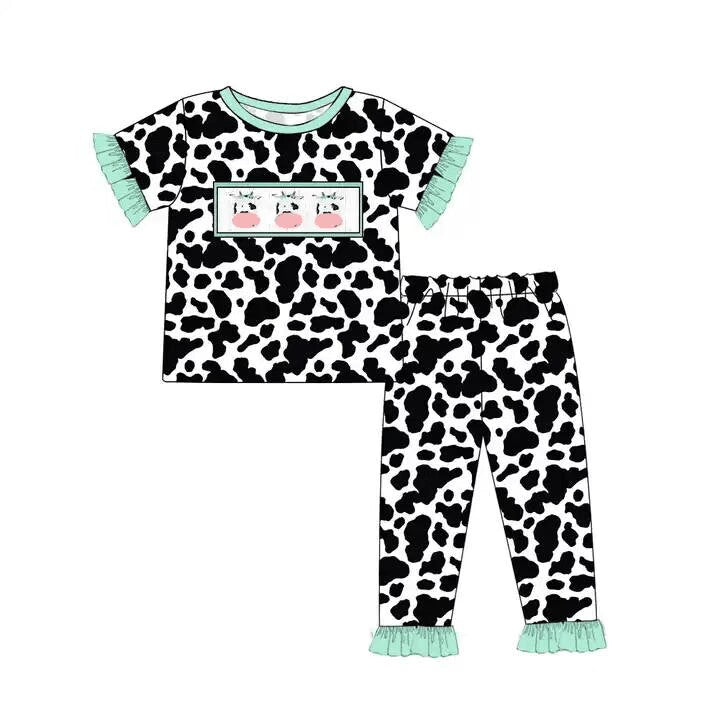 custom moq 5 eta 5-6weeks baby boys clothes cow pattern lace short Sleeve Long Pants Set