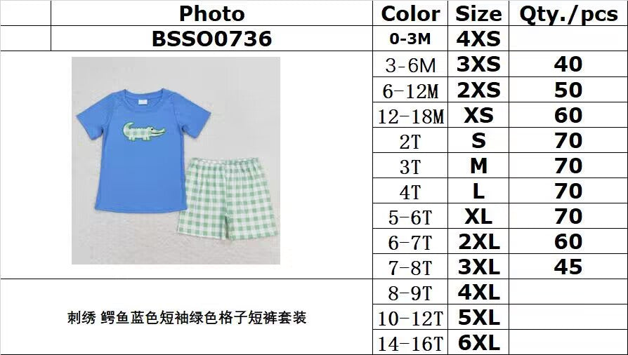 BSSO0736 Embroidered Crocodile Blue Short Sleeve Green Plaid Shorts Set