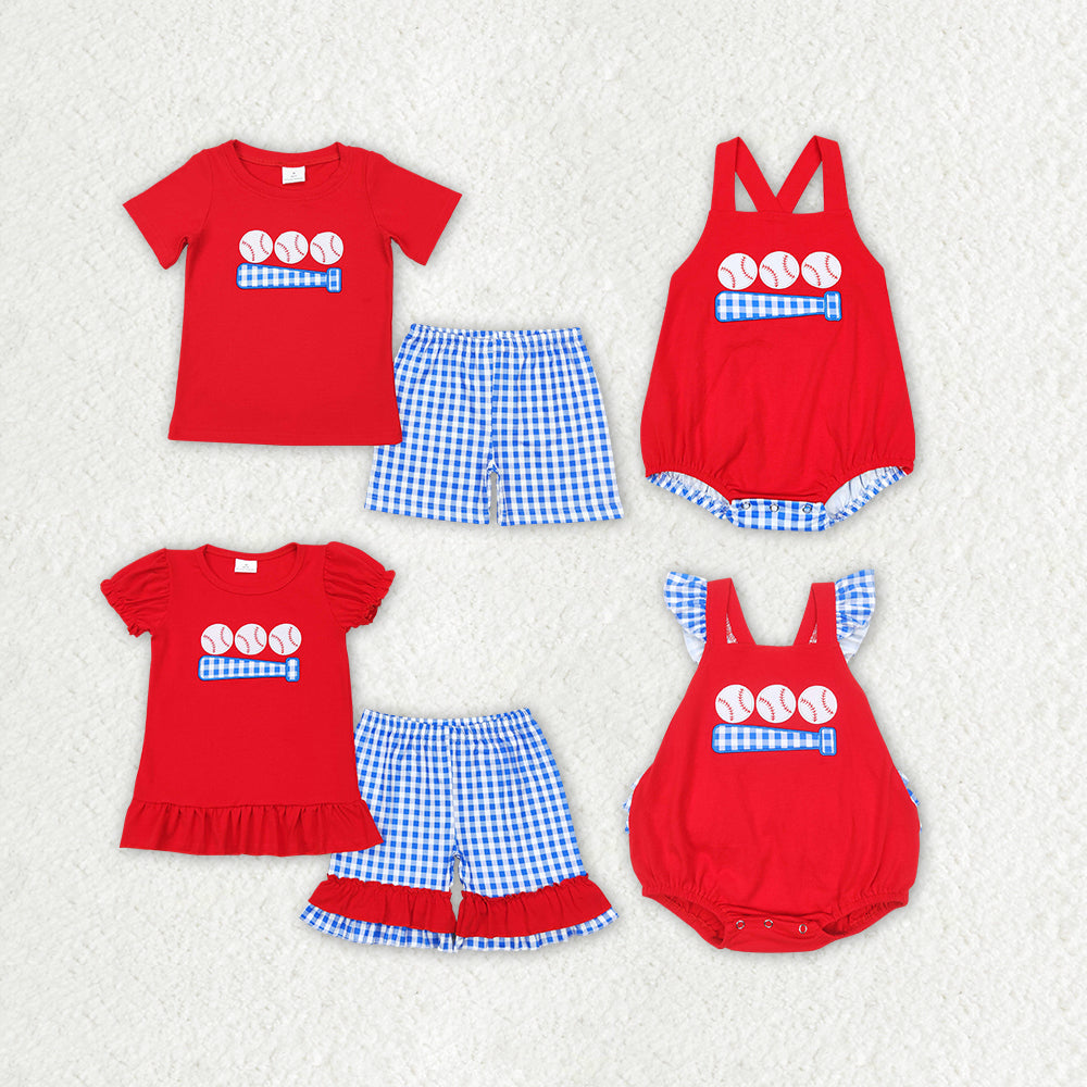 RTS NO MOQ Embroidery baseball red short-sleeved shorts suit & short-sleeved sets and romper