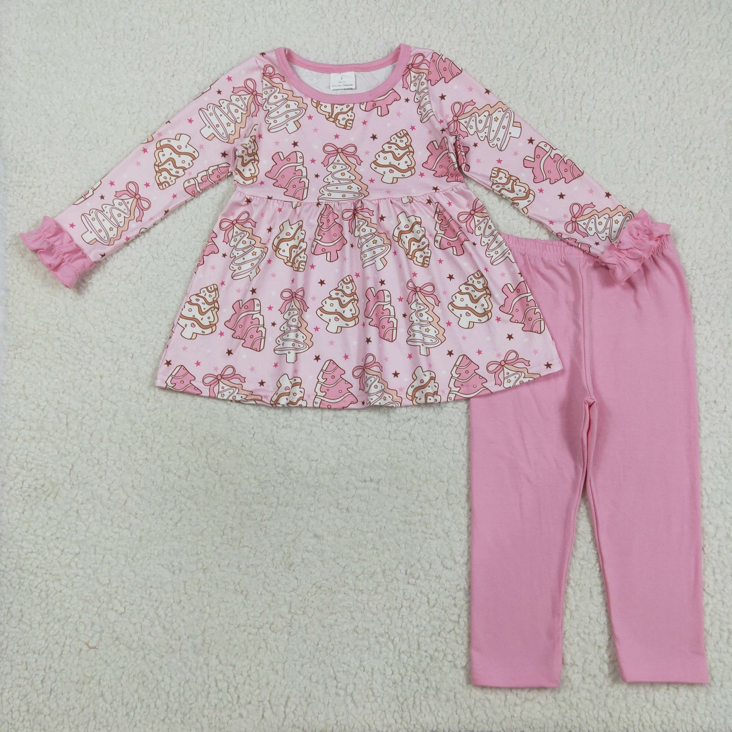 RTS NO MOQ（In Stock) GLP2471 Pink long-sleeved pantsuit with Christmas tree cookie bow pattern
