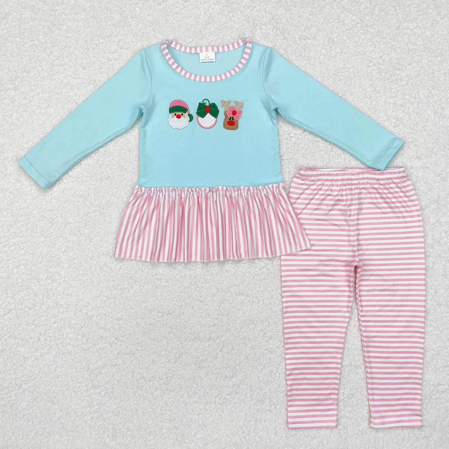 RTS NO MOQ ETA 5/7days Arrived GLP1770 Embroidery Santa Claus reindeer pink lace stripe blue long sleeve long pants set